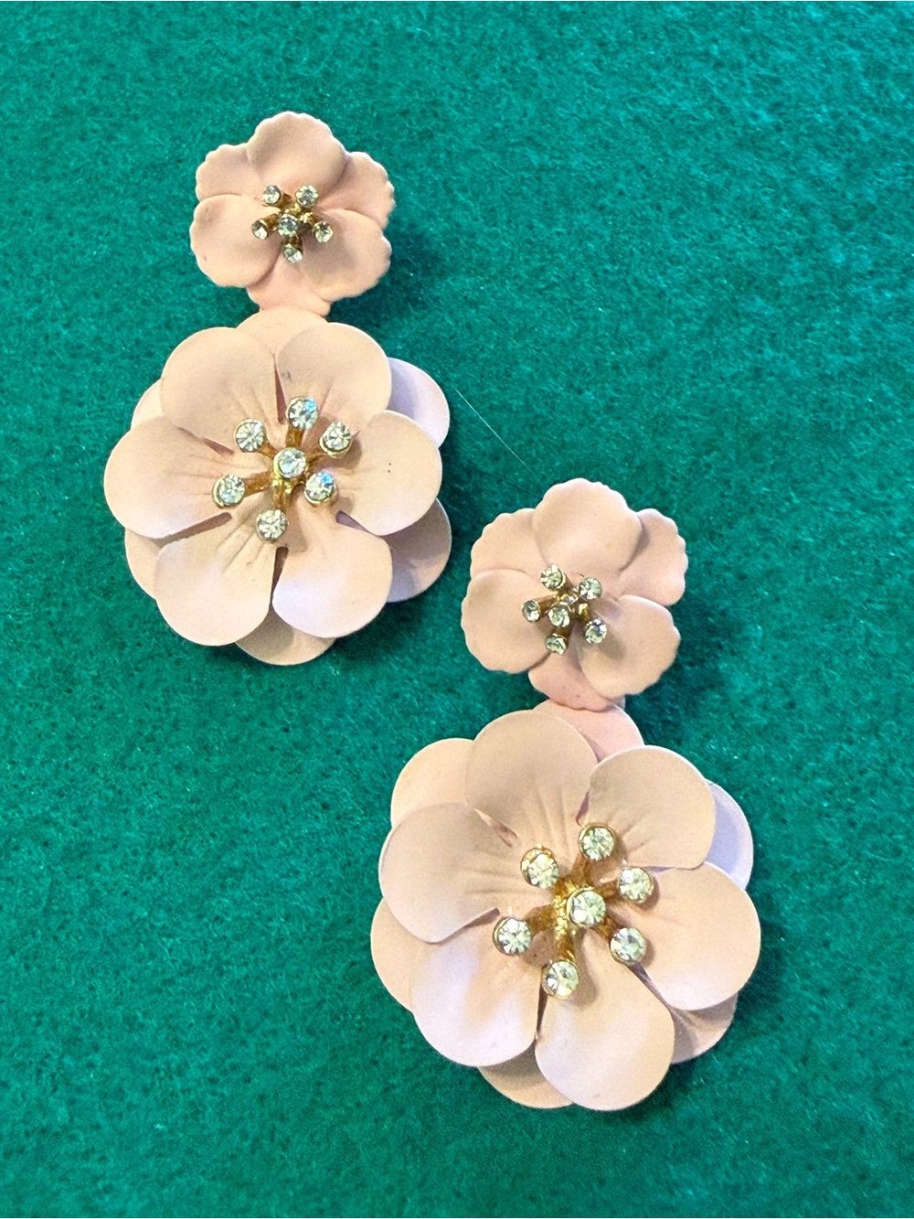 Blush Pink Floral Drop Earrings with Crystal Centers